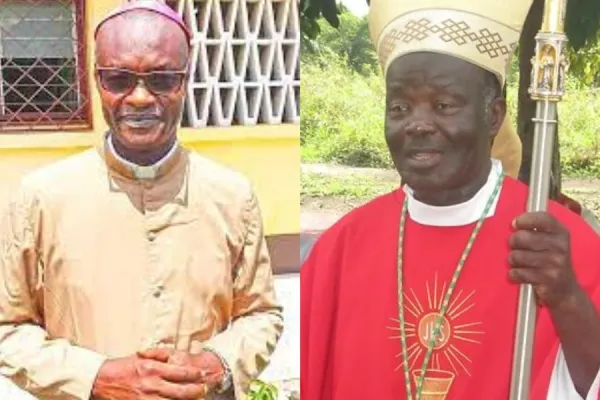 Archbishop emeritus Victor Abagna Mossa (right) of the Catholic Archdiocese of Owando and the new Apostolic Administrator, Bishop Gélase Armel Kema. Credit: Owando Archdiocese