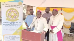 Bishop Stephen Nyodho Ador Majwok of the Catholic Diocese of Malakal, Bishop Alex Lodiong Sakor of Yei Diocese, Bishop Santo Loku Pio and Fr. John Lo’boko Morris during the press conference. Credit: Kerbino Kuel Deng/ACI Africa