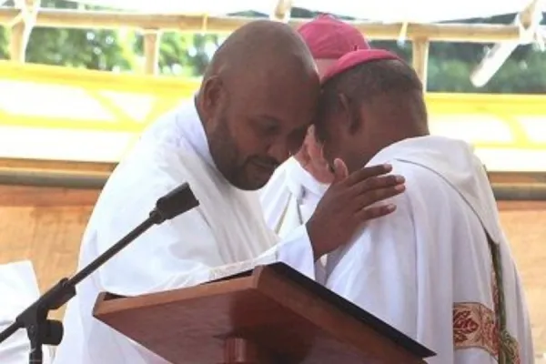 Bishop Jean Michaël Durhône embraces Yannick Casquette during the September 3 Diaconate Ordination. Credit: Port Louis Diocese