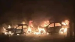 Vehicles near St. Luke Junction along the Buea Central Market Road and in front of the Divine Mercy Co-Cathedral  burnt by unidentified gunmen on 29 January 2024. Credit: Mimi Mefo Info