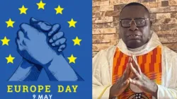 Europe Day Logo and Fr. Peter Konteh, the Executive Director of Caritas Freetown in Sierra Leone. Credit: Caritas Freetown/EU