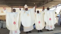 Bishop Belmiro Cuica Chissengueti of Angola’s Catholic Diocese of Cabinda with the three members of the Congregation of the Holy Spirit (Holy Ghost Fathers/Spiritans) whom he ordained Priests.