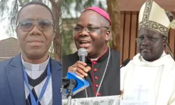 Fr. Vitalis Anaehobi (left),  Bishop Emmanuel Adetoyese Badejo (center), and Archbishop Ignatius Ayau Kaigama (right)