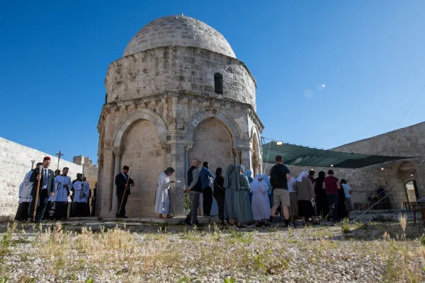 An external view of the Chapel of the Ascension on the Mount of Olives in Jerusalem during the procession of the Franciscan friars after the first vespers of the Ascension solemnity on May 8, 2024. The procession circled the chapel three times. / Credit: Marinella Bandini