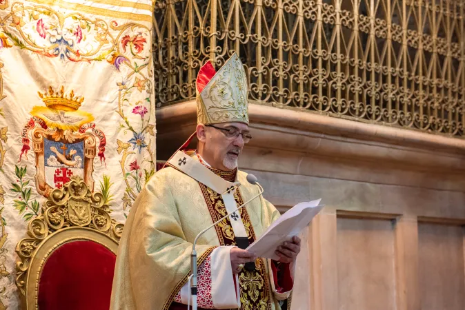 Cardinal Pierbattista Pizzaballa, the Latin Patriarch of Jerusalem, reads the homily during the Easter Vigil in the Basilica of the Holy Sepulcher  in Jerusalem, on the morning of Saturday, March 30, 2024. “Let us lift up our gaze!” urged the Patriarch in his homily.