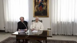 Papal aide Monsignor Paolo Braida reads Pope Francis' prepared remarks for the Sunday Angelus on Dec. 3, 2023, from the chapel at the papal residence at Casa Santa Marta. | Vatican Media