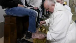 Pope Francis washes the feet of 12 young men and women, inmates at Casal del Marmo juvenile detention center on Rome’s outskirts, during a Mass of the Lord’s Supper on Thursday, April 6, 2023. | Credit: Vatican Media