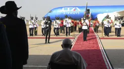 Pope Francis landed in South Sudan on Feb. 3, 2023, becoming the first pope to visit the country and fulfilling a yearslong hope to carry out an ecumenical trip to the war-torn country. / Vatican Media