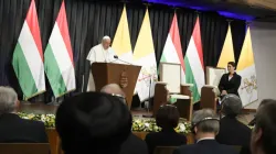 Pope Francis addresses civil authorities and other dignitaries at a former a Carmelite monastery in Budapest, Hungary, on April 28, 2023, on the first day of his three-day pilgrimage to the country. | Credit: Vatican Media