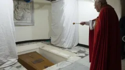 The coffin of Pope Benedict XVI is prepared for interment in the crypt of St. Peter's Basilica on Jan. 5, 2023. | Vatican Media