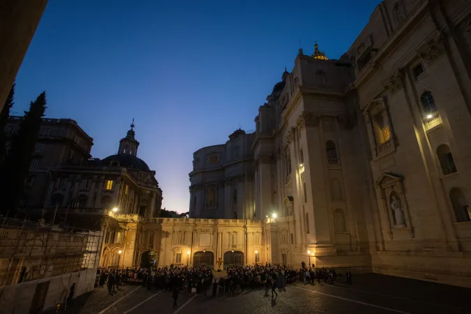 Members of the Synod on Synodality gather in Protomartyers Square at the Vatican for an ecumenical prayer service on Friday, Oct. 11, 2024.