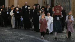 Young people lead a procession in Protomartyrs Square at the Vatican for an ecumenical prayer service on Oct. 11, 2024. / Credit: Vatican Media