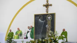 An image of the Annunciation and the Incarnation — when God became man in the womb of the Virgin Mary — sits close to the altar during a Mass Pope Francis celebrated on July 7, 2024, in Trieste, Italy. | Vatican Media