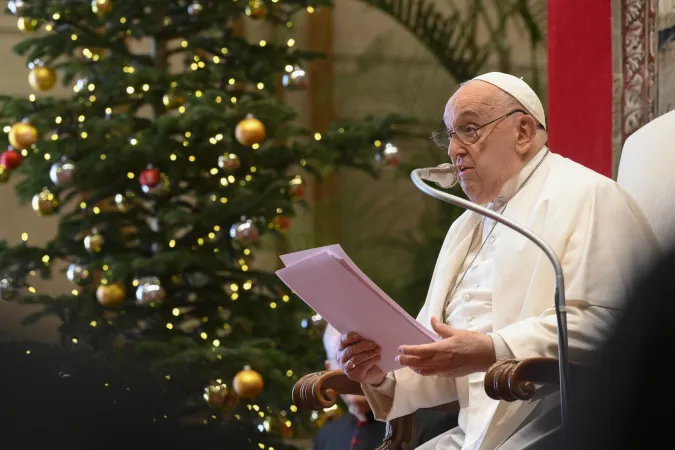 Pope Francis addresses cardinals and senior Vatican officials during his annual Christmas speech to the Roman Curia, Dec. 21, 2024.