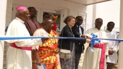 Bishop Emmanuel Fianu, Episcopal Chairman of Health in Ghana (2nd from right) being supported by Tove Dengbol, Danish Ambassador to Ghana, Ibrahim Bakayoko, the Regional Manager, West and Central Africa of Novo Nordisk and Bishop Joseph Afrifah-Agyekum of Koforidua Diocese to cut the tape to commission the St. Pauline Clinic at the National Catholic Secretariat, Accra on February 7, 2020. / Damian Avevor.