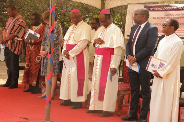 Bishop Emmanuel Fianu, Episcopal Chairman of Health in Ghana (3rd from left) with Bishop Afrifah-Agyekum of Koforidua and other dignitaries at the launching of the 2020 World Day of the Sick and the opening of the St. Pauline Clinic at the National Catholic Secretariat, Accra on February 7, 2020. Extreme right is Fr. Lazarus Anondee, Secretary General of the National catholic Secretariat. / Damian Avevor.