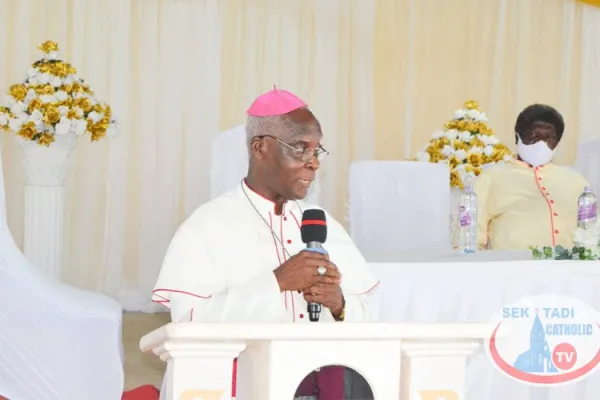 Caption: Bishop John Yaw Afoakwah, Chairman of Ghana’s Catechetical Commission and Local Ordinary of Obuasi Diocese addressing participants at the National Catechetical Commission meeting at the St. Kizito Catechetical centre at Apowa, Takoradi on October 27, 2020. / Credit: Secondi-Takoradi DEPSOCOM