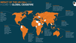 Map showing countries around the world with ongoing conflict amid the COVID-19 pandemic.