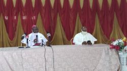 Archbishop Ignatius Kaigama (left) during Thursday's press conference in Abuja, Nigeria. / Archbishop Ignatius Kaigama