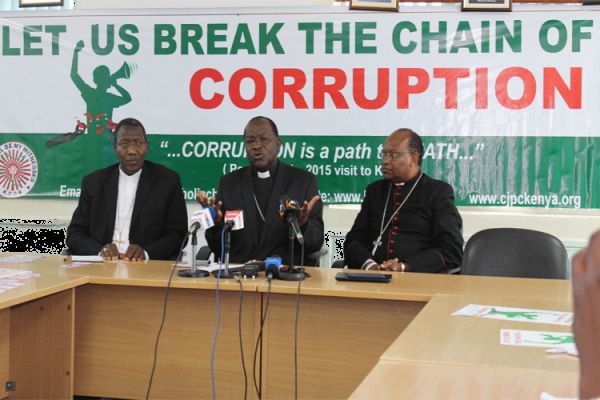 Bishops addressing the media. From Left Bishop Emeritus Alfred Rotich, Archbishop Martin Kivuva and Archbishop Antony Muheria. / ACI Africa