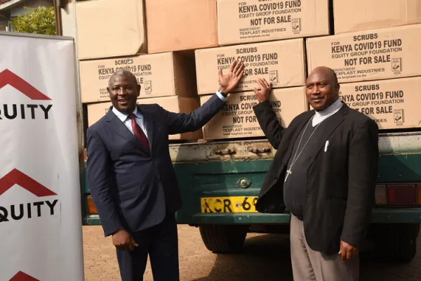 Bishop Joseph Mbatia (right) receiving a donation of  Personal Protective Equipment (PPE) from Equity bank, a Kenya-based financial institution/ Credit: Courtesy Photo