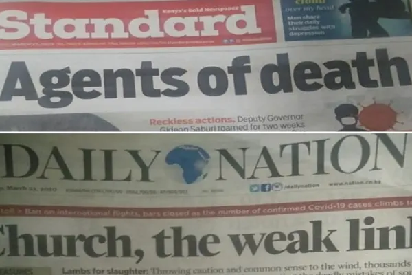 Kenya's two leading newspapers, The Standard and Daily Nation, which framed the Church negatively in their respective headlines of March 23, 2020 edition.