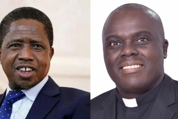 Zambia's President Edgar Lungu(L), and the Bishop-elect of Mpika Diocese, Fr Edwin Mulandu(R)