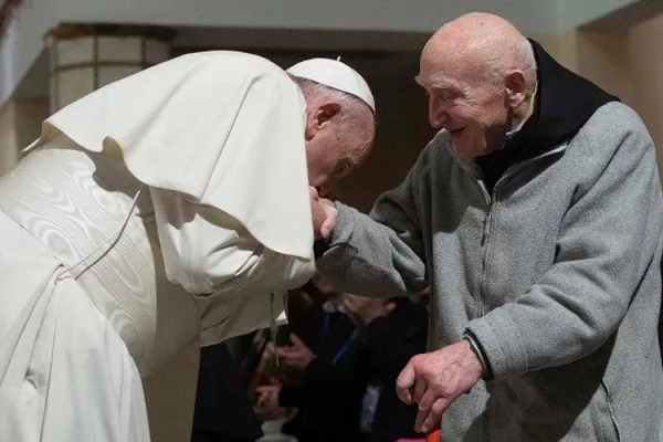 Pope Francis greets Br. Jean-Pierre Schumacher, the last survivor of Tibhirine, on 31 March 2019 in Morocco. Credit: Vatican Media