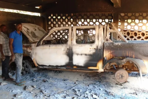 Burnt car in Chipene Mission after the attack in Chipene. Credit: ACN