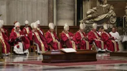 Cardinal George Pell's coffin in front of some of the cardinals who concelebrated his funeral Mass on Jan. 14, 2023 | Alan Koppschall/CNA