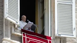 Pope Francis waves from his window overlooking St. Peter’s Square during an Angelus address. / Vatican Media.