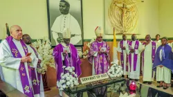 Archbishop Philip Anyolo of Nairobi Archdiocese flanked by John Cardinal Njue (left) during the memorial Holy Mass of the Servant of God, Maurice Michael Cardinal Otunga celebrated at the Resurrection garden, Karen, Nairobi on 6 September 2022. Credit: Catholic Archdiocese of Nairobi/Facebook