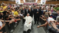 Pope Francis greets participants in a gathering of choir singers, musicians, and directors at Paul VI Hall at the Vatican on June 8, 2024. / Credit: Vatican Media