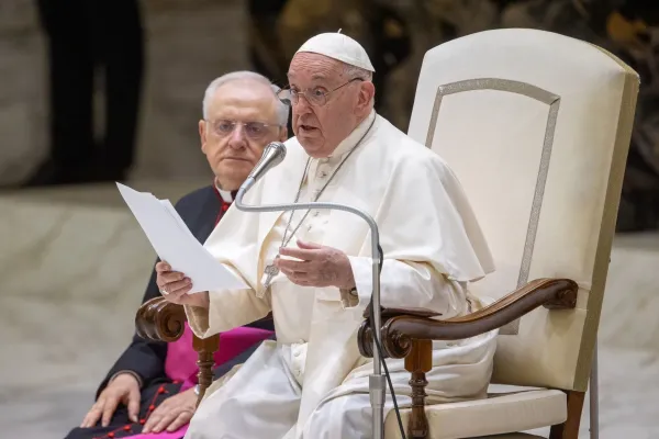 Pope Francis continued a series of lessons on the Holy Spirit during his weekly meeting with the public in the Vatican's Paul VI Hall on Aug. 21, 2024. / Credit: Daniel Ibanez/CNA