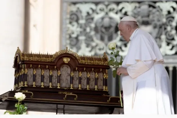 Pope Francis prayed before a relic of St. Therese of Lisieux at the beginning of his general audience in St. Peter's Square, and shortly before going to the hospital for an abdominal surgery, on June 7, 2023. | Daniel Ibanez/CNA