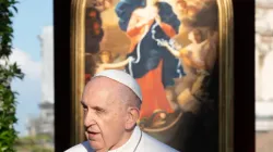 Pope Francis speaks at the at the Grotto of Lourdes in the Vatican Gardens on May 31, 2021, against the backdrop of an image of Our Lady, Undoer (or Untier) of Knots. | Credit: Vatican Media