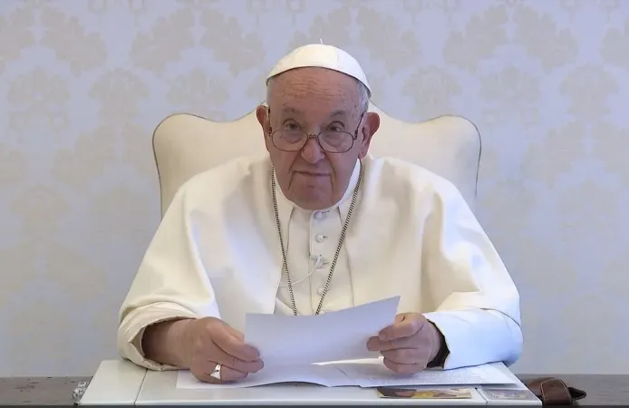 Pope Francis delivers a video message to participants in the 53rd International Eucharistic Congress, taking place in Quito, Ecuador, Sept. 8-15, 2024. The Eucharist teaches us how to have, the pope said in his message recorded at the Vatican, "a profound brotherhood, born of union with God..."