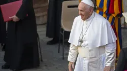 Pope Francis smiles during the general audience in the Vatican's San Damaso Courtyard on June 30, 2021./ Credit: Pablo Esparza/CNA.