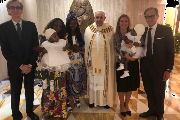 Pope Francis baptized Ervina and Prefina Bangalo on August, Friday 7, 2020. The two-year old conjoined twins had been successfully separated at a Vatican-ran hospital in Rome in June. / Antoinette Montaigne/Twitter.