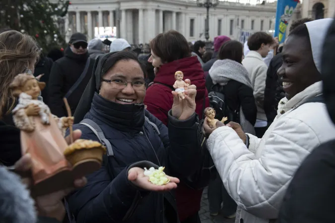 Pilgrims gather in St. Peter’s Square for the blessing of the “bambinelli” after Pope Francis’ Angelus address on Sunday, Dec. 22, 2024.