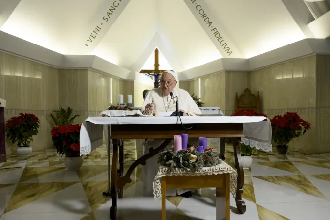 Pope Francis leads the Angelus prayer and gives an address from the chapel of Casa Santa Marta on Sunday, Dec. 22, 2024, at the Vatican. The pope delivered his marks indoors due to the intense cold, combined with cold symptoms that have manifested in recent days, the Holy See Press Office said.