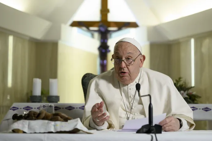 Pope Francis leads the Angelus prayer and gives an address from the chapel of Casa Santa Marta on Sunday, Dec. 22, 2024, at the Vatican. The pope delivered his marks indoors due to the intense cold, combined with cold symptoms that have manifested in recent days, the Holy See Press Office said.