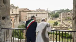 Pope Francis gazes over the ancient ruins of the Roman Forum with Rome Mayor Roberto Gualtieri during a visit to Rome’s historic Capitoline Hill on June 10, 2024. / Credit: Vatican Media