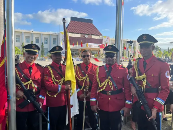 Members of East Timor’s navy and the honor guard receive Pope Francis upon his arrival in the country on Sept. 9, 2024.