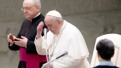 Pope Francis prays at the general audience in Paul VI Hall on Feb. 16, 2022. Daniel Ibanez/CNA