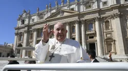 Pope Francis waves to pilgrims gathered in St. Peter’s Square for his Wednesday general audience on March 20, 2024. / Credit: Vatican Media