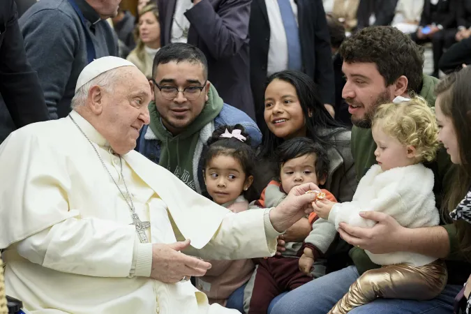 Pope Francis greets pilgrims gathered in the Paul VI Audience Hall for his Wednesday general audience on Jan. 15, 2025, at the Vatican.