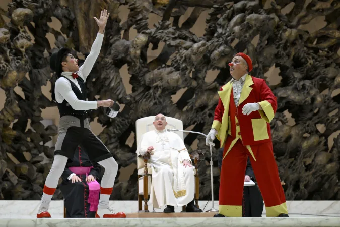 Pope Francis enjoys a circus performance in the Paul VI Audience Hall following his Wednesday general audience on Jan. 15, 2025, at the Vatican.