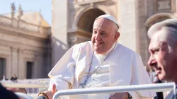 Pope Francis shakes hands with pilgrims gathered in St. Peter’s Square for his Wednesday general audience on Nov. 6, 2024, at the Vatican. / Credit: Julia Cassell/CNA