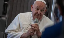 Pope Francis speaks to journalists aboard the papal plane during an in-flight press conference on Friday, Sept. 13, 2024, on his return from his nearly two-week tour of Southeast Asia. / Credit: Daniel Ibañez/CNA